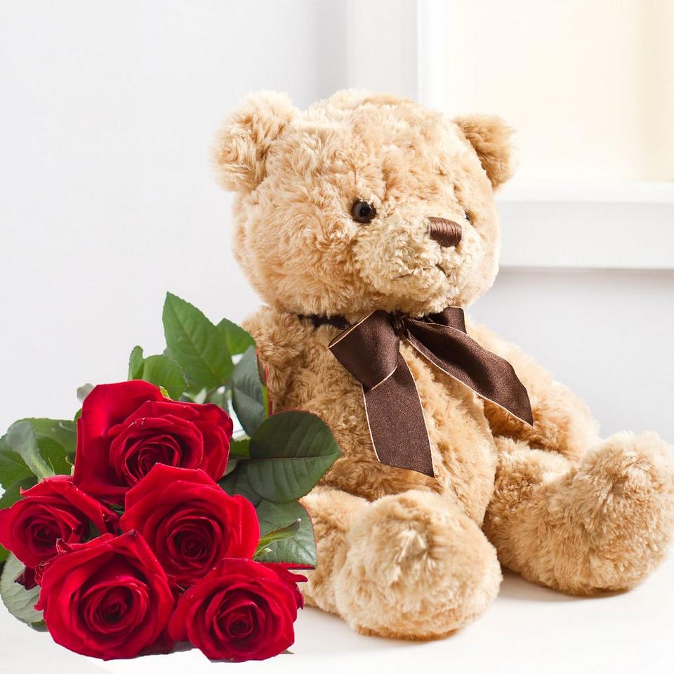 Image 1 of 1 of 7  Red Roses including a Teddy Bear