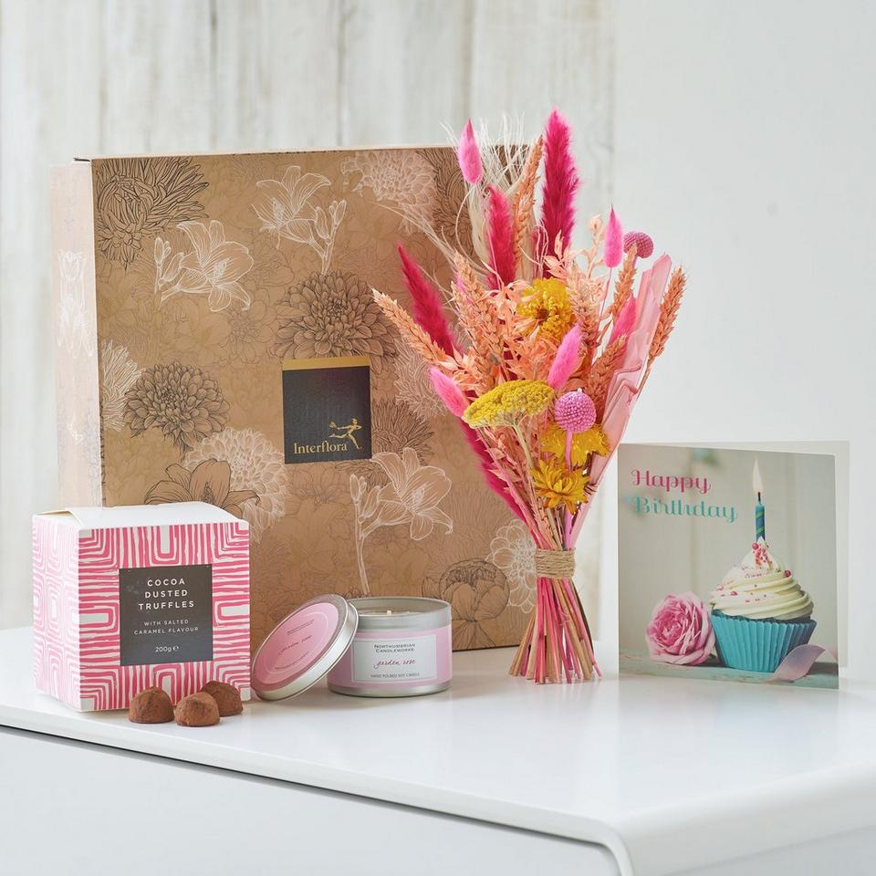 Birthday Dried Flowers, Candle and Caramel Flavour Truffles Gift Set