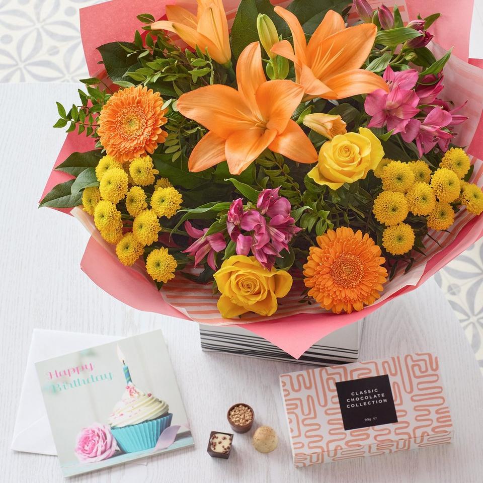 Brights Happy Birthday Bouquet with chocolates and card
