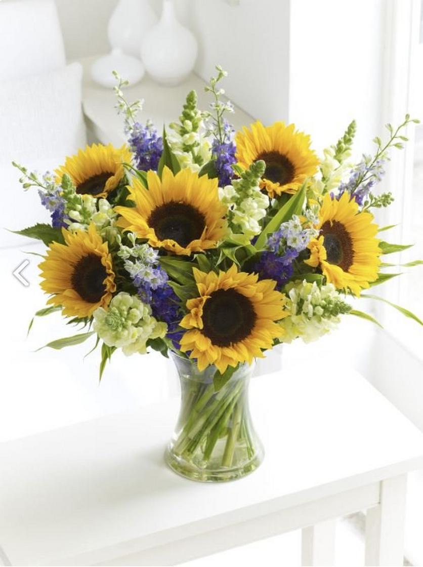 Delphiniums-sunflowers-bouquet-vase