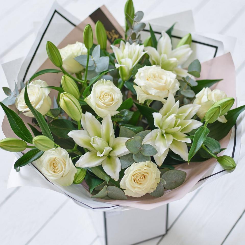 Image 4 of 6 of Beautifully Simple Luxury White Rose and Lily Bouquet