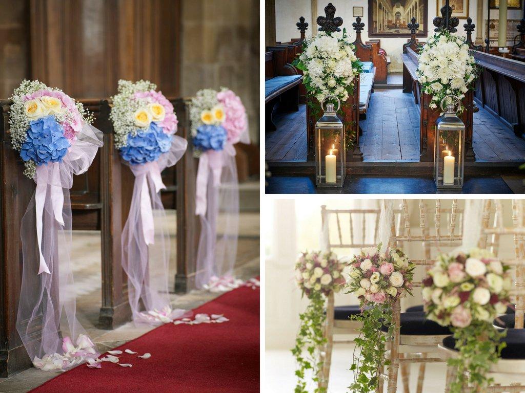 bouquets-on-pews-church-wedding